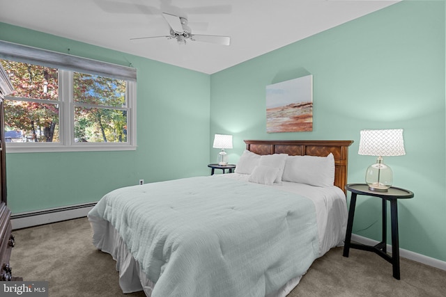 carpeted bedroom featuring baseboard heating and ceiling fan