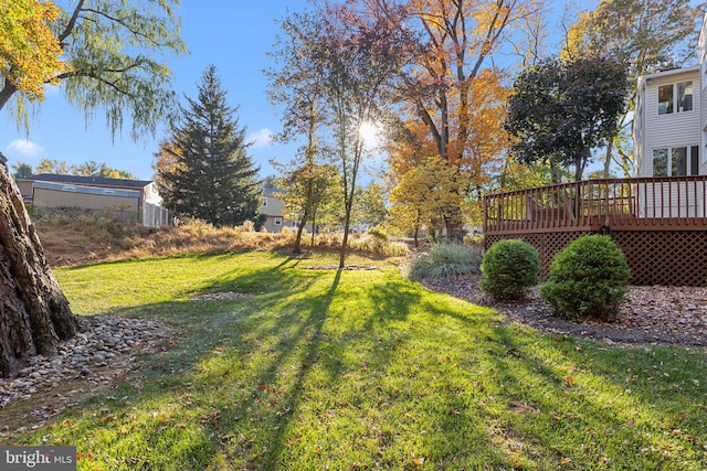 view of yard featuring a wooden deck