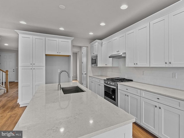 kitchen featuring sink, light stone counters, stainless steel appliances, light hardwood / wood-style floors, and white cabinets