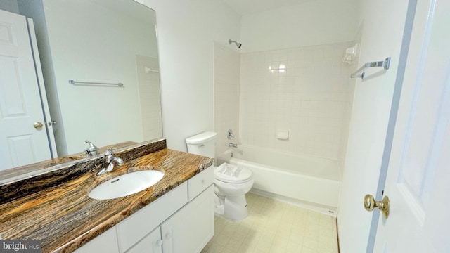 full bathroom with toilet, tiled shower / bath combo, and vanity