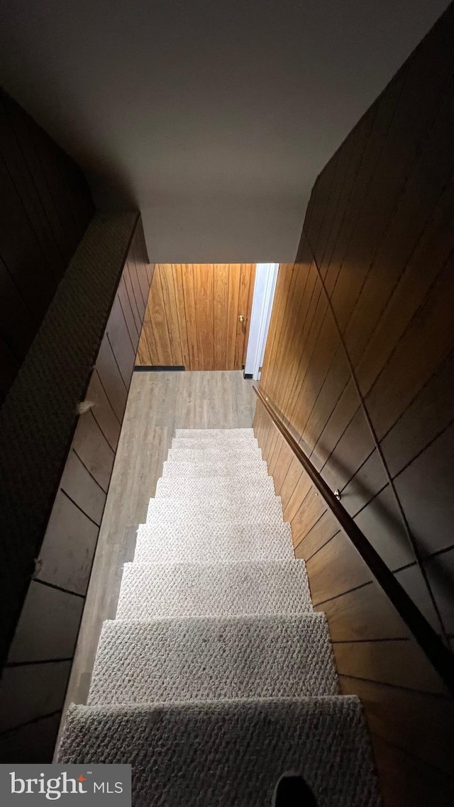 staircase with wooden walls and wood-type flooring