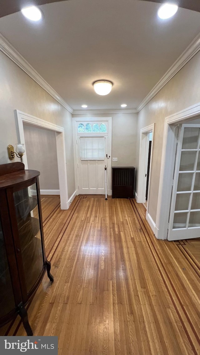 foyer with ornamental molding and wood-type flooring