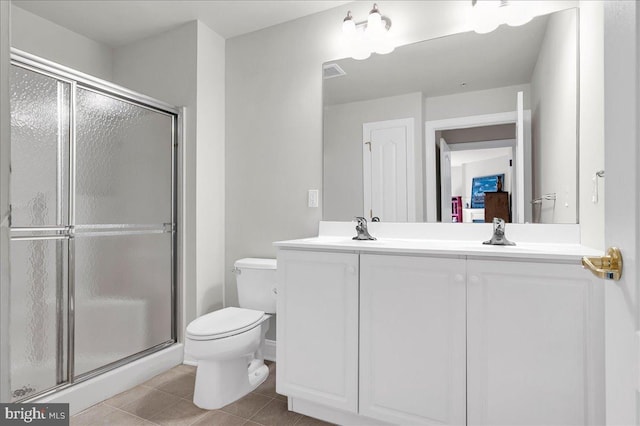 bathroom with vanity, walk in shower, toilet, and tile patterned floors