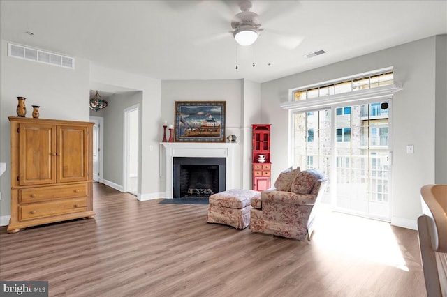 living room featuring ceiling fan and hardwood / wood-style floors