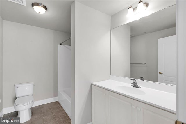 full bathroom with toilet, shower / washtub combination, vanity, and tile patterned floors