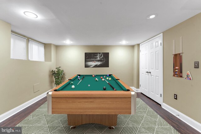 rec room with dark wood-type flooring and billiards