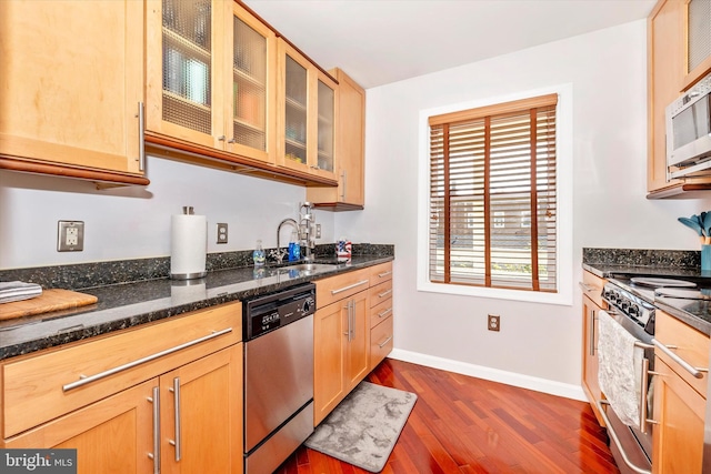 kitchen with stainless steel appliances, sink, dark stone counters, and dark hardwood / wood-style flooring