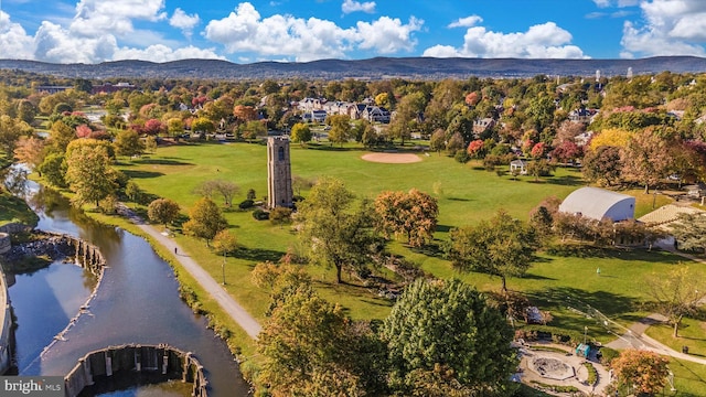 birds eye view of property with a water and mountain view