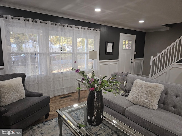 73 Genesee Ln, Willingboro, NJ 08046 - living room featuring recessed lighting, wood finished floors, wainscoting, stairway, and crown molding