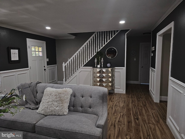 73 Genesee Ln, Willingboro, NJ 08046 - living room featuring dark wood-style flooring, stairway, crown molding, a wainscoted wall, and a decorative wall