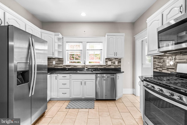 kitchen with sink, appliances with stainless steel finishes, decorative backsplash, and white cabinetry