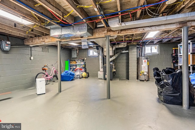 basement featuring water heater, electric panel, and heating unit