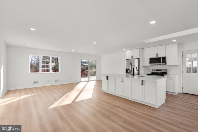 kitchen featuring light wood-style flooring, stainless steel appliances, a sink, visible vents, and white cabinets