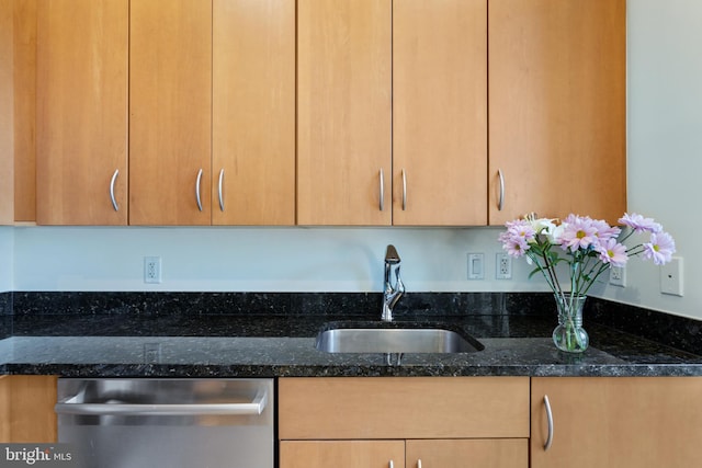 kitchen with stainless steel dishwasher, sink, and dark stone counters