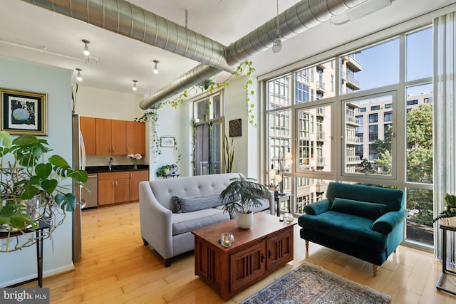 living room featuring sink and light hardwood / wood-style flooring