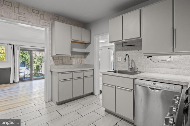 kitchen with light hardwood / wood-style flooring, sink, stainless steel dishwasher, and backsplash