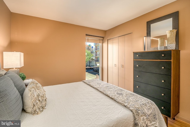 bedroom with hardwood / wood-style floors, access to exterior, and a closet