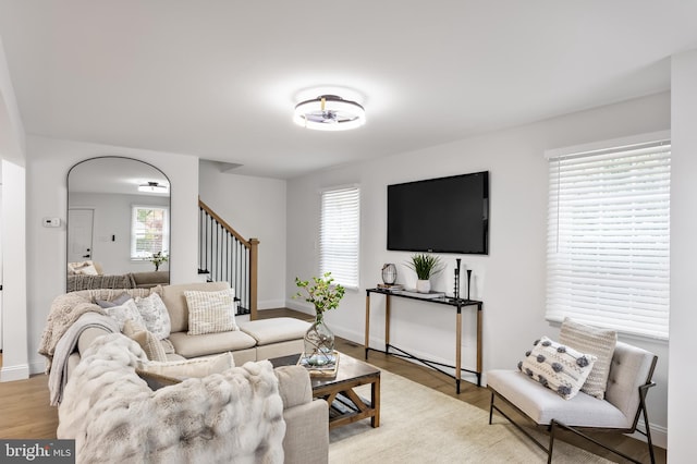 living room featuring light hardwood / wood-style floors and baseboard heating