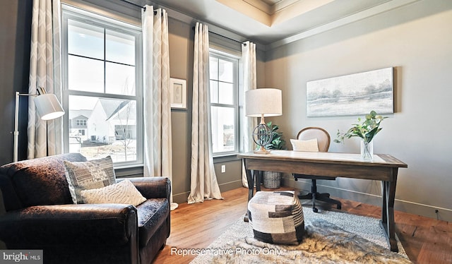 office area featuring ornamental molding, light hardwood / wood-style flooring, a tray ceiling, and plenty of natural light