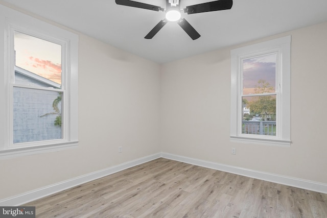 unfurnished room with a wealth of natural light, light hardwood / wood-style floors, and ceiling fan