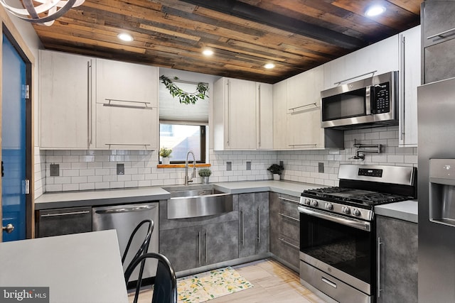 kitchen featuring decorative backsplash, wood ceiling, sink, white cabinetry, and appliances with stainless steel finishes