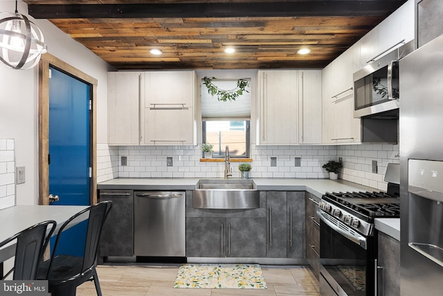 kitchen featuring hanging light fixtures, backsplash, appliances with stainless steel finishes, wooden ceiling, and sink