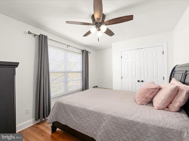 bedroom featuring a closet, hardwood / wood-style flooring, and ceiling fan