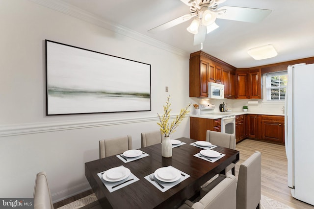 dining area with light hardwood / wood-style floors, ornamental molding, and ceiling fan