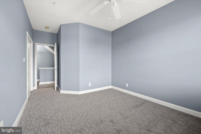 unfurnished bedroom featuring carpet floors and ceiling fan