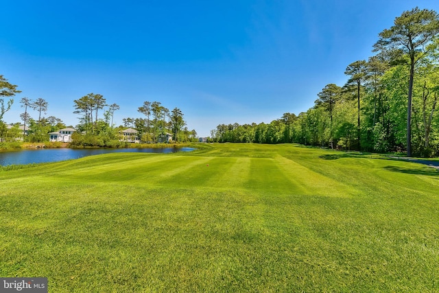 view of community featuring a lawn and a water view