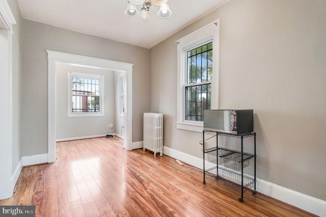 interior space featuring light hardwood / wood-style flooring, a notable chandelier, and radiator