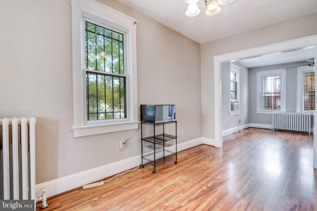 empty room with light hardwood / wood-style floors, radiator, and a wealth of natural light