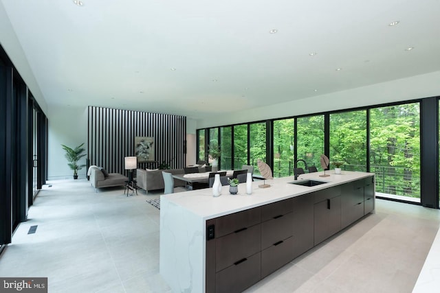 kitchen featuring a center island with sink, sink, and light stone counters