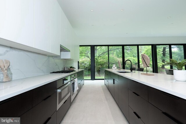kitchen featuring oven, modern cabinets, under cabinet range hood, and a sink