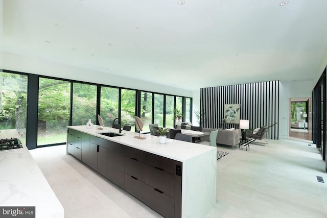 kitchen featuring a large island with sink, sink, a healthy amount of sunlight, and black gas stovetop