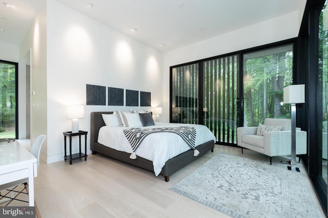 bedroom with light hardwood / wood-style flooring and multiple windows