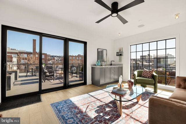 living room featuring ceiling fan and light hardwood / wood-style flooring