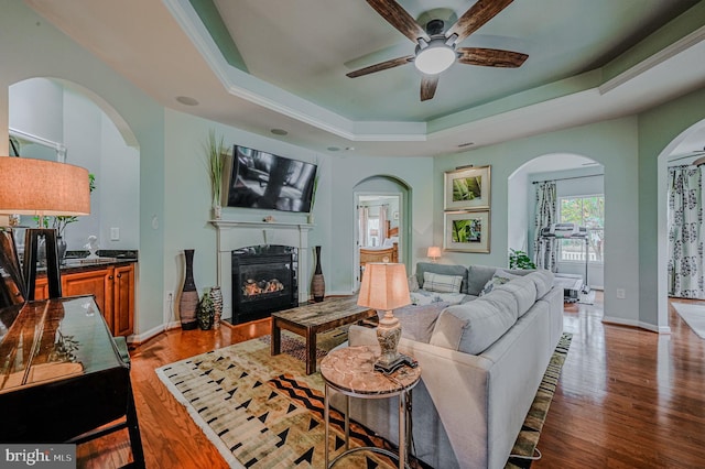 living room featuring a tray ceiling, hardwood / wood-style floors, and ceiling fan