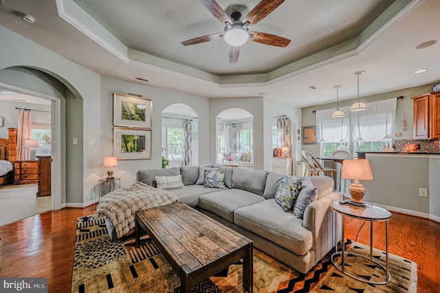 living room with a wealth of natural light, hardwood / wood-style flooring, a raised ceiling, and ceiling fan