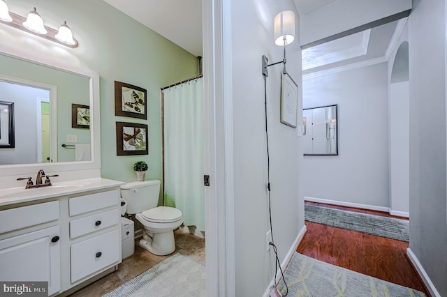 bathroom featuring crown molding, a shower with curtain, vanity, hardwood / wood-style floors, and toilet