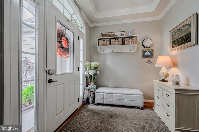 entrance foyer with ornamental molding, dark wood-type flooring, a healthy amount of sunlight, and a raised ceiling