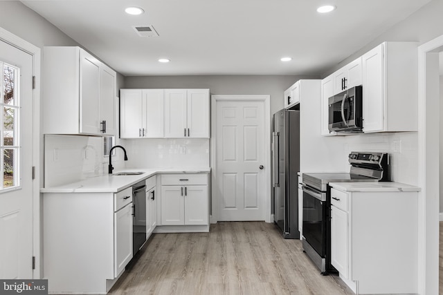 kitchen featuring decorative backsplash, stainless steel appliances, sink, light hardwood / wood-style floors, and white cabinetry