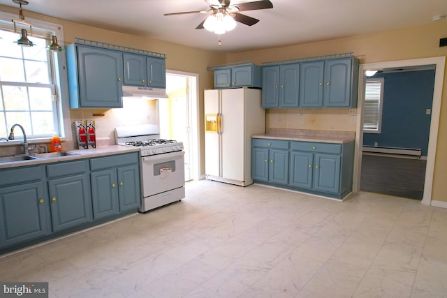 kitchen with tasteful backsplash, a baseboard radiator, ceiling fan, sink, and white appliances