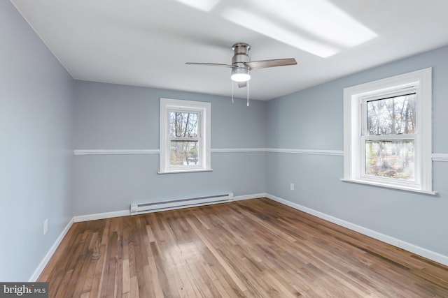 spare room featuring hardwood / wood-style flooring, a baseboard radiator, and ceiling fan