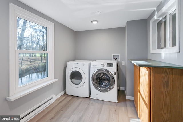 laundry area featuring a baseboard heating unit, washing machine and clothes dryer, and light hardwood / wood-style floors