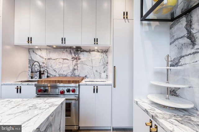 kitchen featuring white cabinetry, light stone countertops, premium range, and decorative backsplash