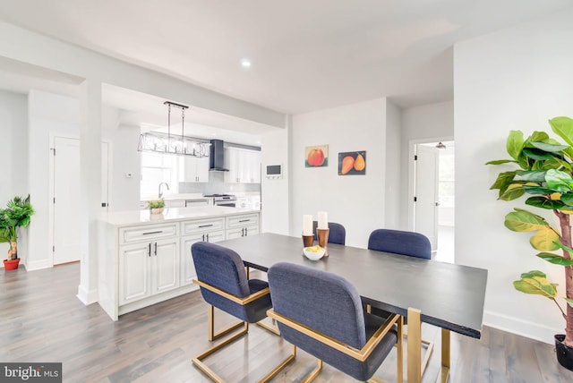 dining room with baseboards, recessed lighting, and dark wood-type flooring