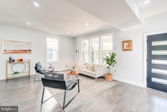 living area featuring wood finished floors, plenty of natural light, recessed lighting, and baseboards