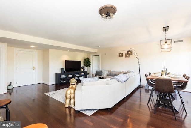 living room featuring dark wood-type flooring