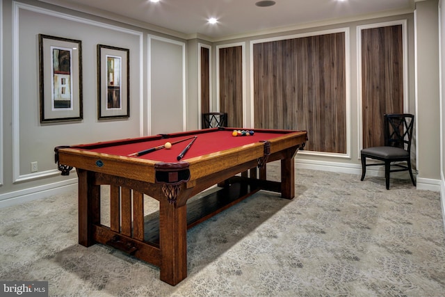 rec room with billiards and carpet floors